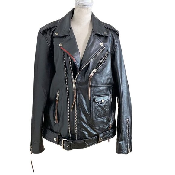 MASTER SUPPLY MEN'S BLACK HANDMADE LEATHER RED STITCHING ZIP UP MOTO JACKET - M - Picture 1 of 13